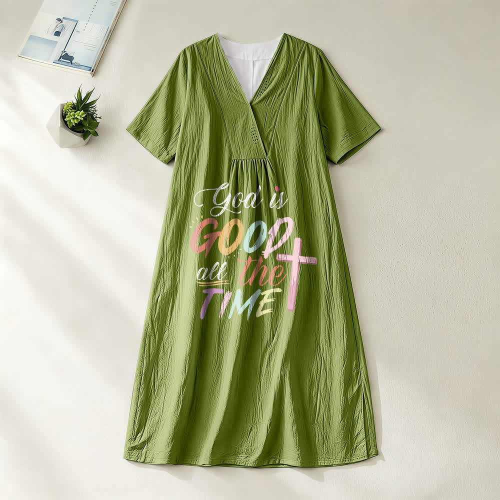 Christianartworkshop Faith-Inspired "God Is Good All The Time" V-Neck Short Sleeve Midi DressChristianartworkshop Faith-Inspired "God Is Good All The Time" V-Neck Short Sleeve Midi Dress - Olive Green - 4XL - image 10