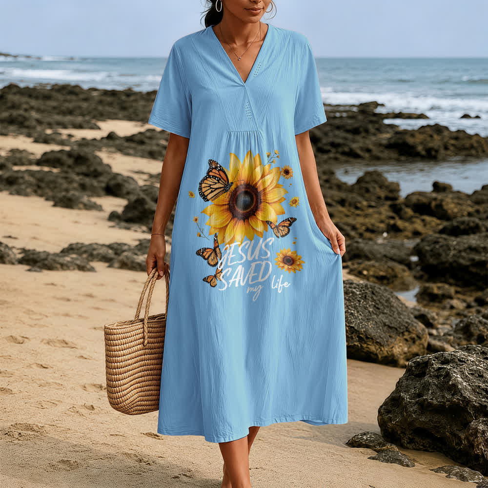 Christianartworkshop "Jesus Saved My Life" Sunflower & Butterfly V-Neck Short Sleeve Midi Dress - image 7