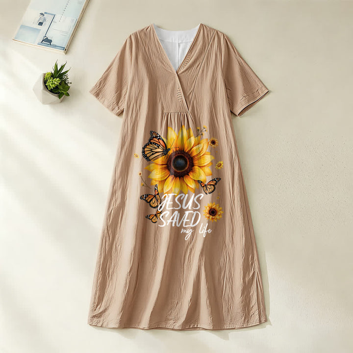 Christianartworkshop "Jesus Saved My Life" Sunflower & Butterfly V-Neck Short Sleeve Midi Dress - Khaki - 4XL - image 2