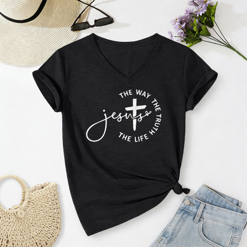 Christianartworkshop Jesus The Way The Truth The Life Circle Cross Casual V-neck T-shirt - Black - 2XL - image 6