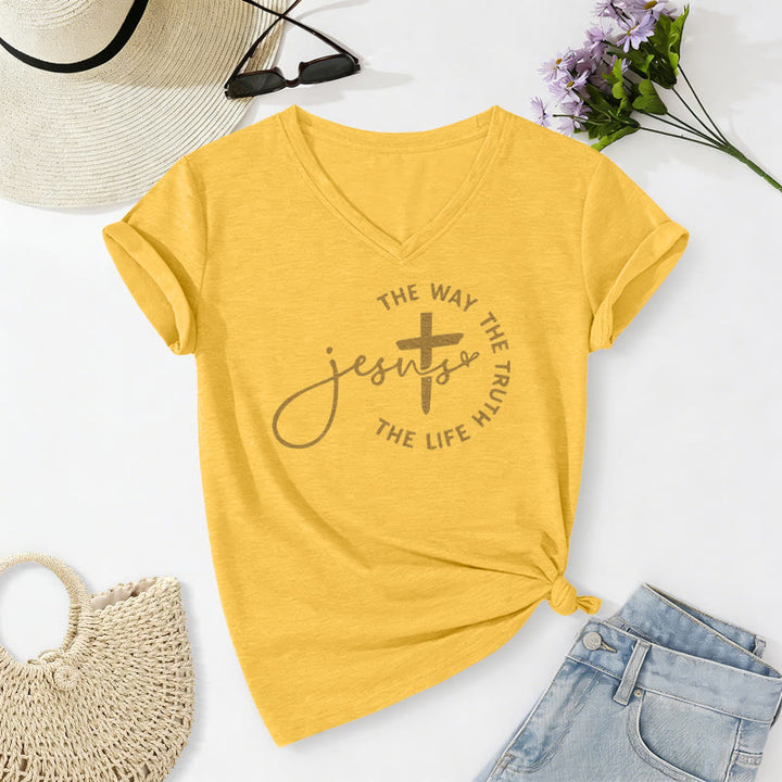 Christianartworkshop Jesus The Way The Truth The Life Circle Cross Casual V-neck T-shirt - Yellow - 2XL - image 8