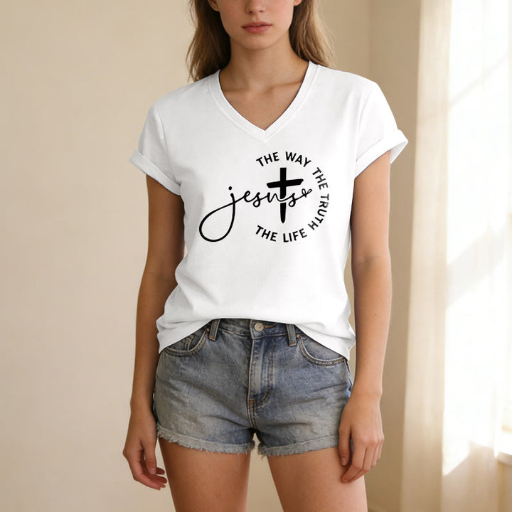 Christianartworkshop Jesus The Way The Truth The Life Circle Cross Casual V-neck T-shirt - image 13