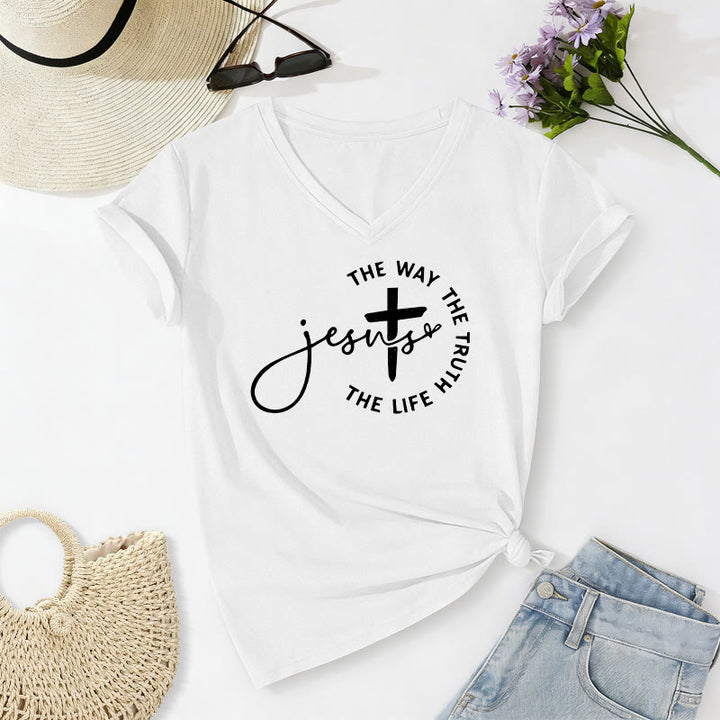 Christianartworkshop Jesus The Way The Truth The Life Circle Cross Casual V-neck T-shirt - White - 2XL - image 12