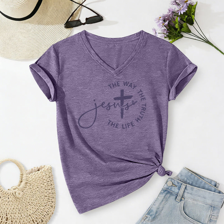 Christianartworkshop Jesus The Way The Truth The Life Circle Cross Casual V-neck T-shirt - Purple - 2XL - image 18