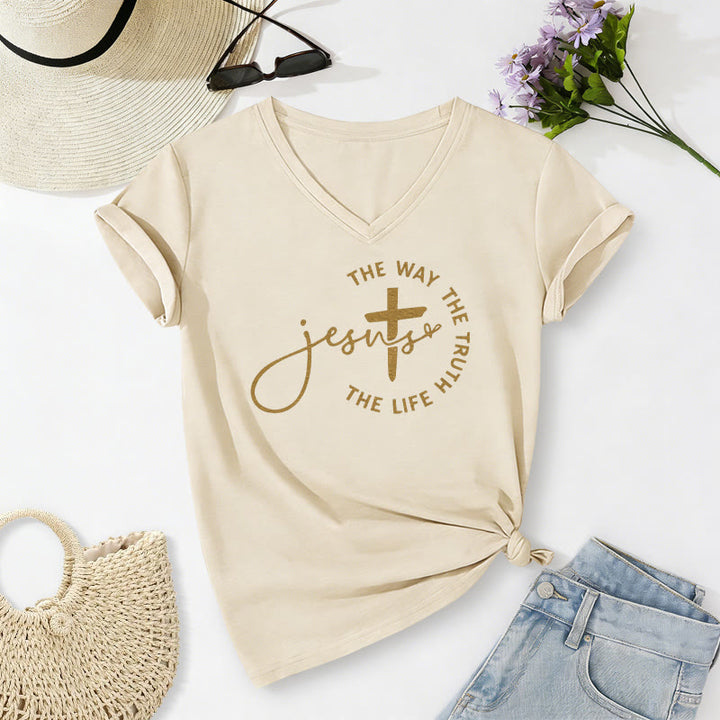 Christianartworkshop Jesus The Way The Truth The Life Circle Cross Casual V-neck T-shirt - Beige - 2XL - image 2