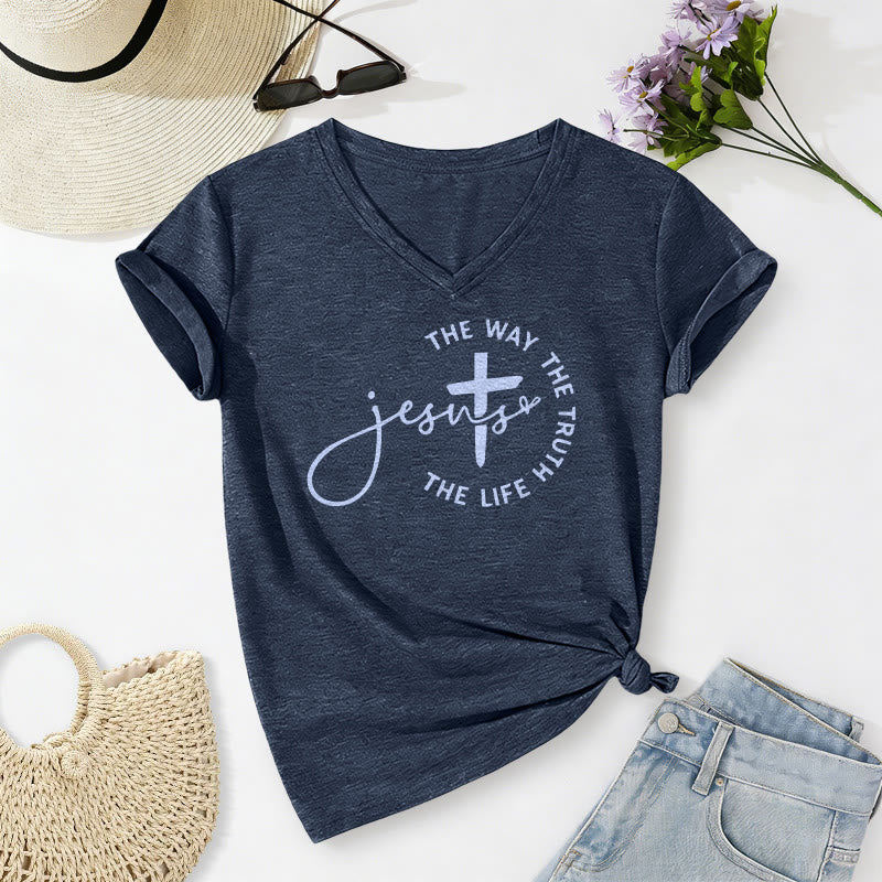 Christianartworkshop Jesus The Way The Truth The Life Circle Cross Casual V-neck T-shirt - Navy Blue - 2XL - image 20