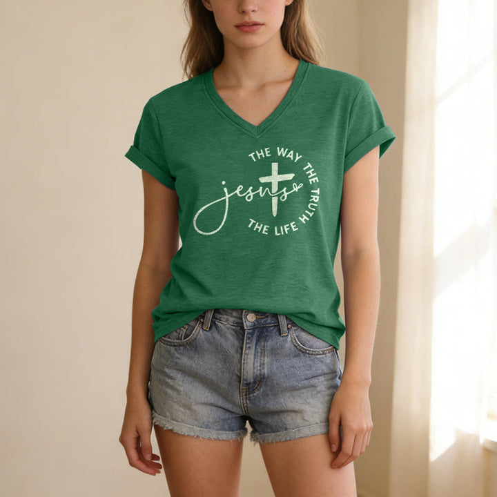 Christianartworkshop Jesus The Way The Truth The Life Circle Cross Casual V-neck T-shirt - image 17