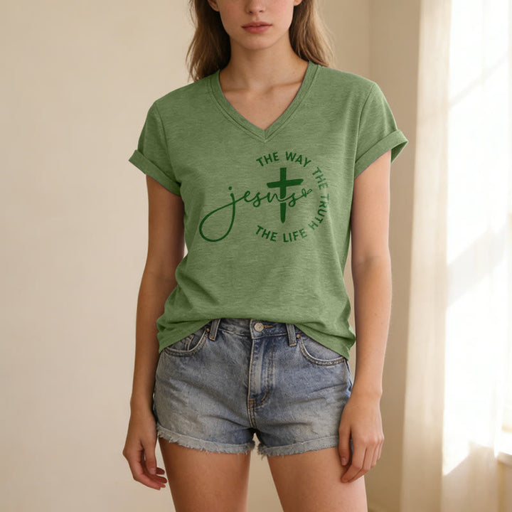 Christianartworkshop Jesus The Way The Truth The Life Circle Cross Casual V-neck T-shirt - image 11