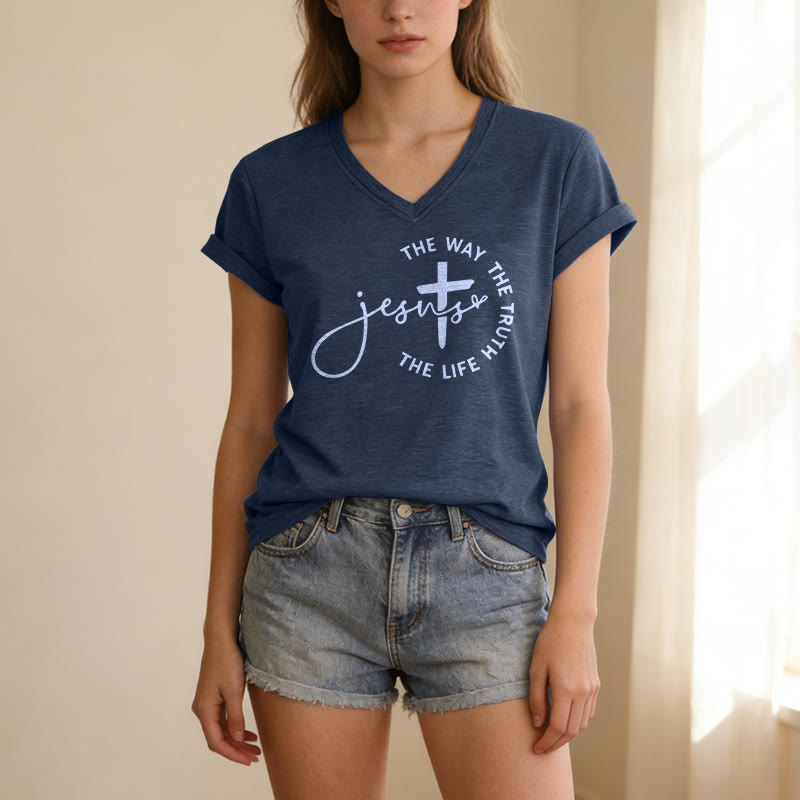 Christianartworkshop Jesus The Way The Truth The Life Circle Cross Casual V-neck T-shirt - image 21