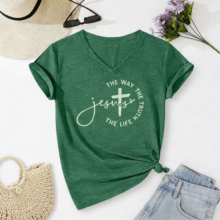 Christianartworkshop Jesus The Way The Truth The Life Circle Cross Casual V-neck T-shirt - Dark Green - 2XL - image 16