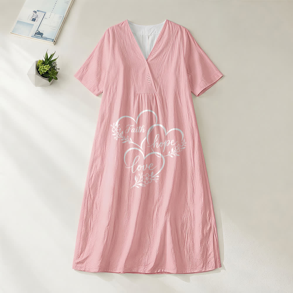 Christianartworkshop Floral Heart "Faith Hope Love" Print V-Neck Short Sleeve Midi Dress - Pink - 4XL - image 8
