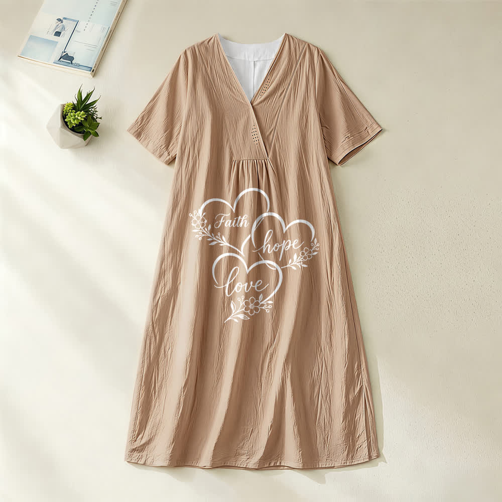 Christianartworkshop Floral Heart "Faith Hope Love" Print V-Neck Short Sleeve Midi Dress - Khaki - 4XL - image 6