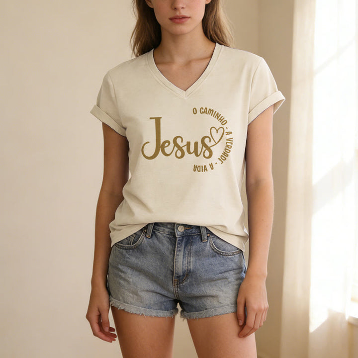 Christianartworkshop Jesus O Caminho A Verdade A Vida Heart Circle Casual V-neck T-shirt - image 3