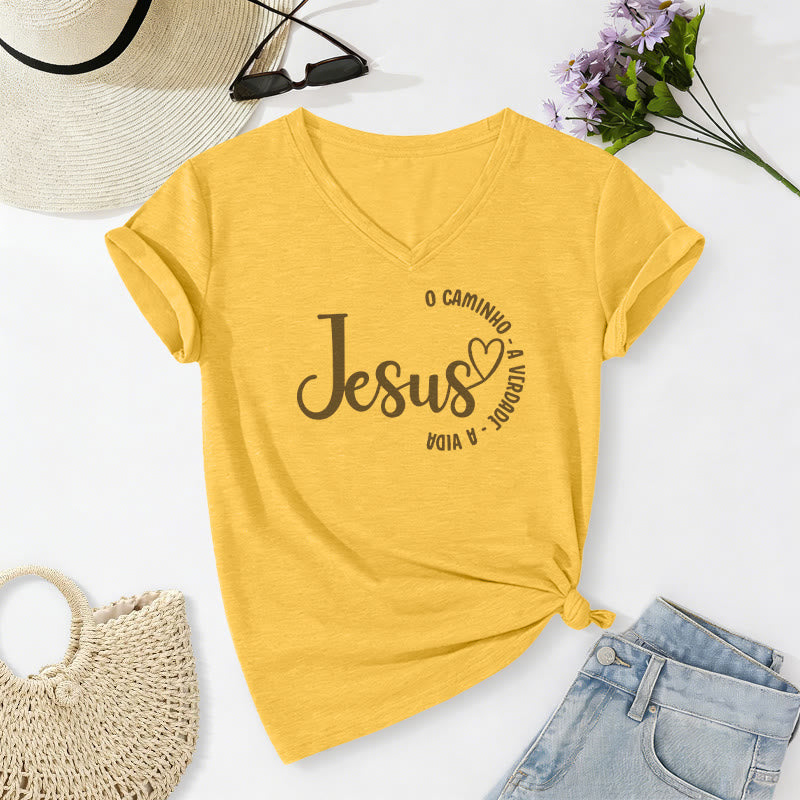 Christianartworkshop Jesus O Caminho A Verdade A Vida Heart Circle Casual V-neck T-shirt - Yellow - 2XL - image 8