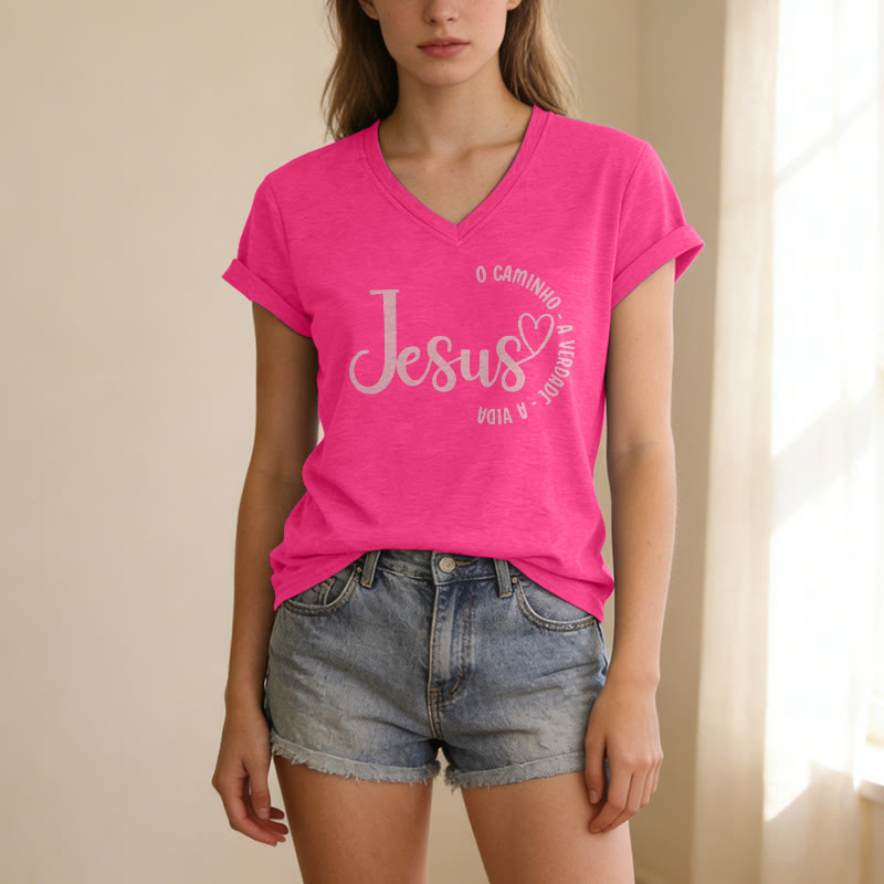 Christianartworkshop Jesus O Caminho A Verdade A Vida Heart Circle Casual V-neck T-shirt - image 24