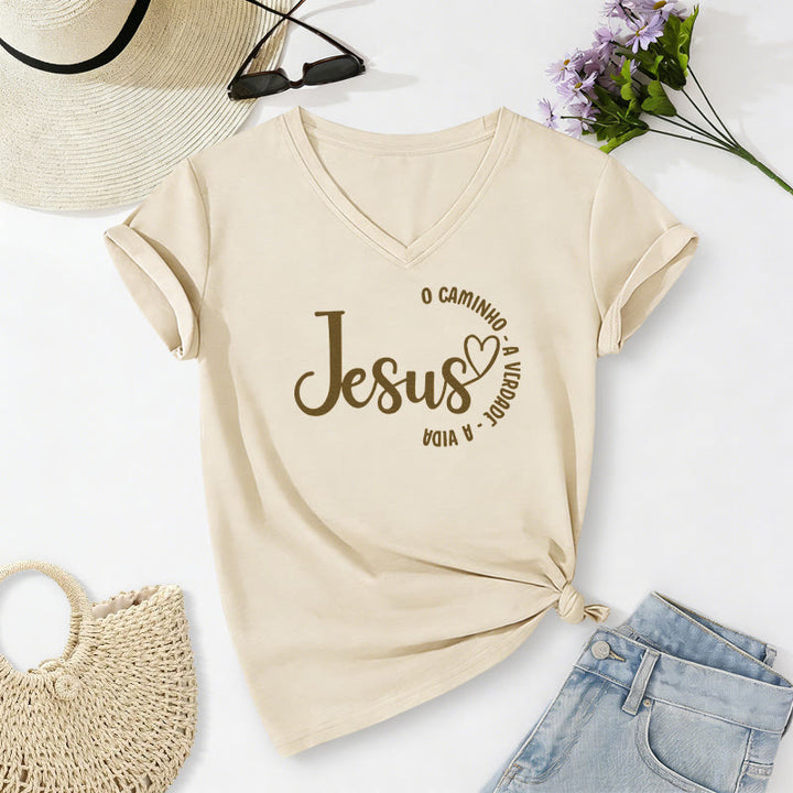 Christianartworkshop Jesus O Caminho A Verdade A Vida Heart Circle Casual V-neck T-shirt - Beige - 2XL - image 2