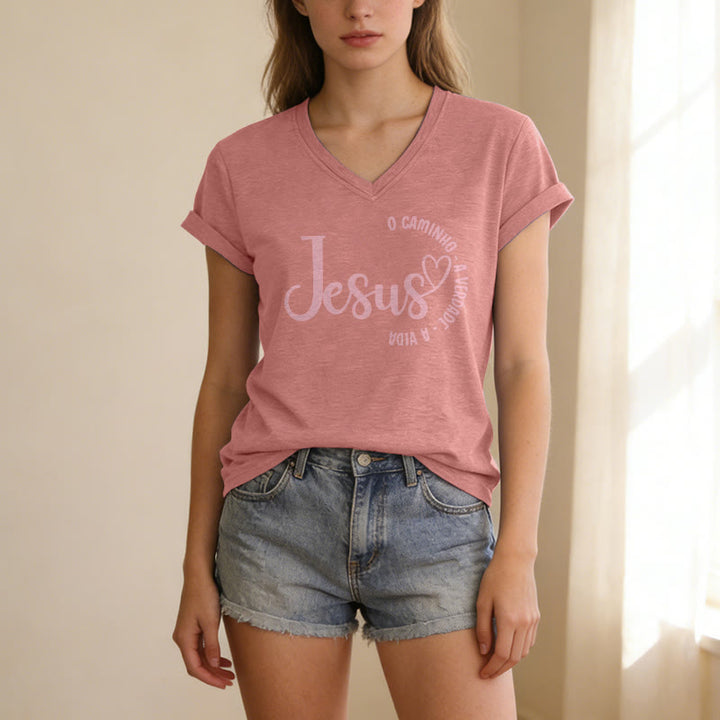 Christianartworkshop Jesus O Caminho A Verdade A Vida Heart Circle Casual V-neck T-shirt - image 5
