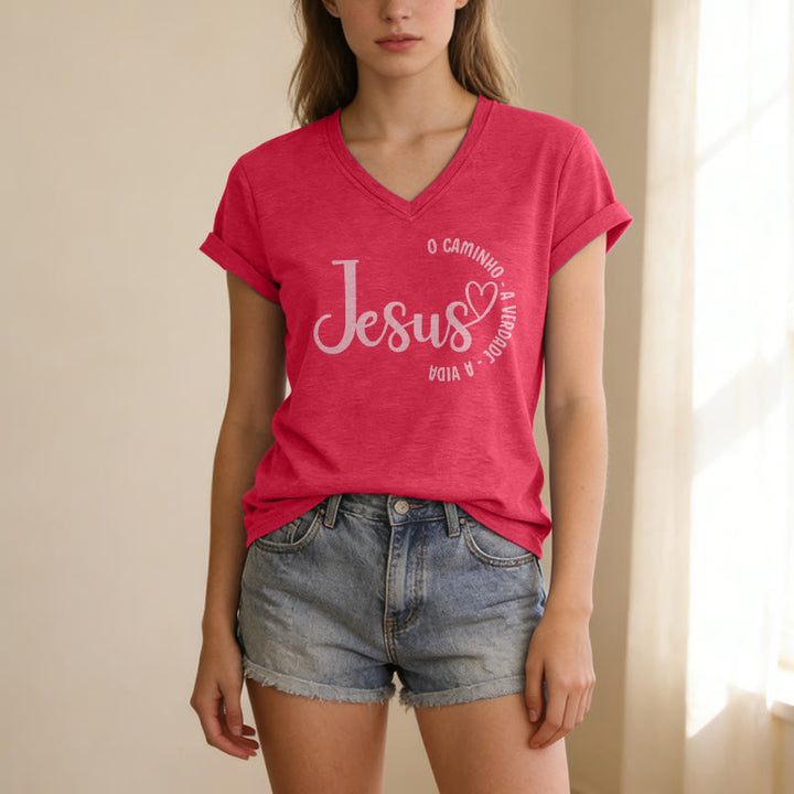 Christianartworkshop Jesus O Caminho A Verdade A Vida Heart Circle Casual V-neck T-shirt - image 22