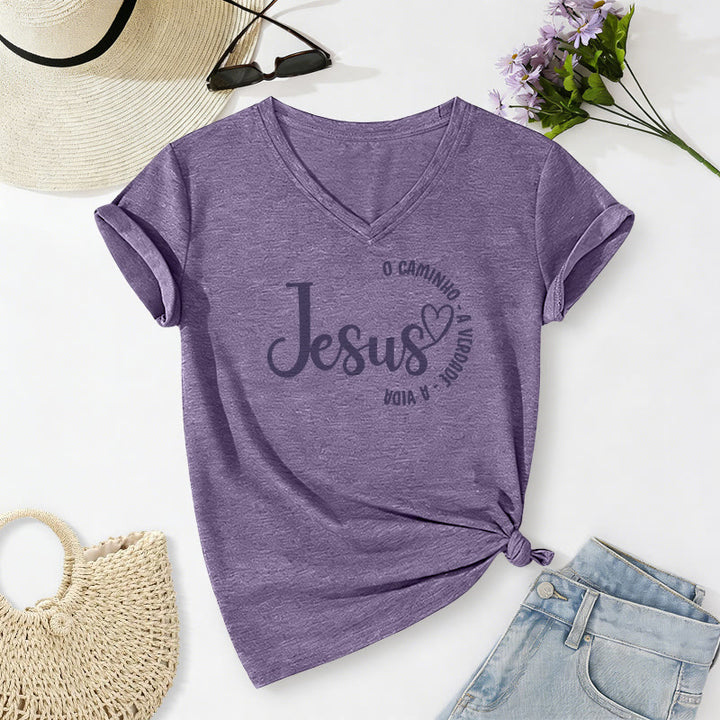 Christianartworkshop Jesus O Caminho A Verdade A Vida Heart Circle Casual V-neck T-shirt - Purple - 2XL - image 18