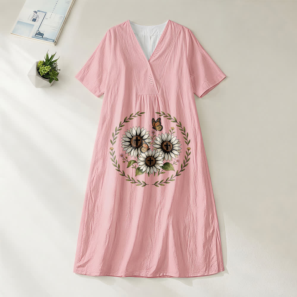 Christianartworkshop Devotional Sunflower Cross & Butterfly Wreath V-Neck Short Sleeve Midi Dress - Pink - 4XL - image 8