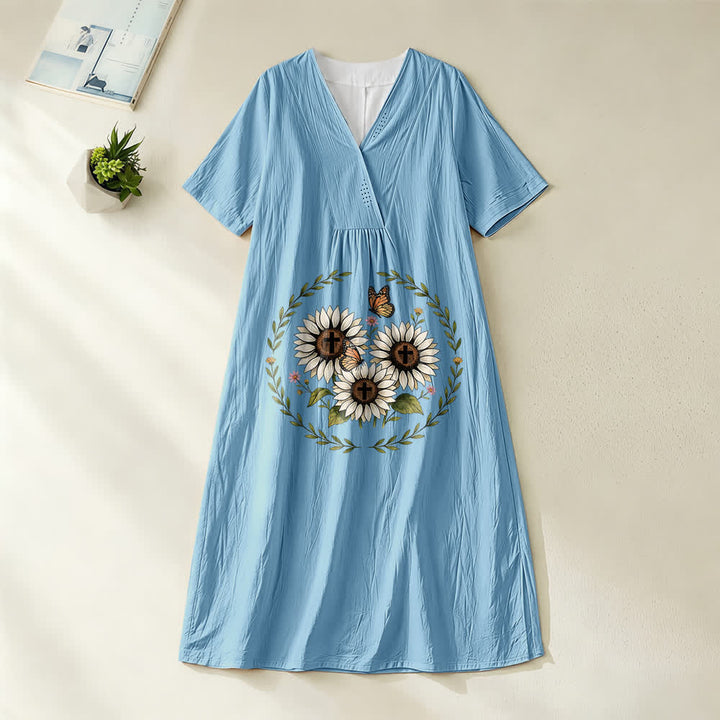 Christianartworkshop Devotional Sunflower Cross & Butterfly Wreath V-Neck Short Sleeve Midi Dress - Blue - 4XL - image 2