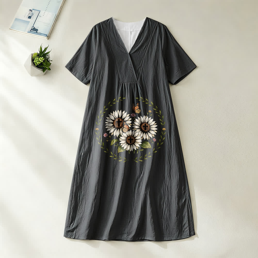 Christianartworkshop Devotional Sunflower Cross & Butterfly Wreath V-Neck Short Sleeve Midi Dress - Black - 4XL - image 4