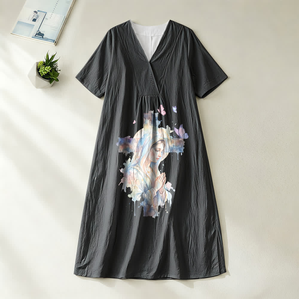 Christianartworkshop Watercolor Our Lady of Guadalupe & Butterflies V-Neck Short Sleeve Midi Dress - Black - 4XL - image 0