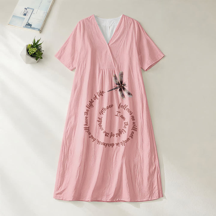 Christianartworkshop Relaxed Fit Dragonfly & Inspirational Verse V-Neck Short Sleeve Midi Dress - Pink - 4XL - image 8