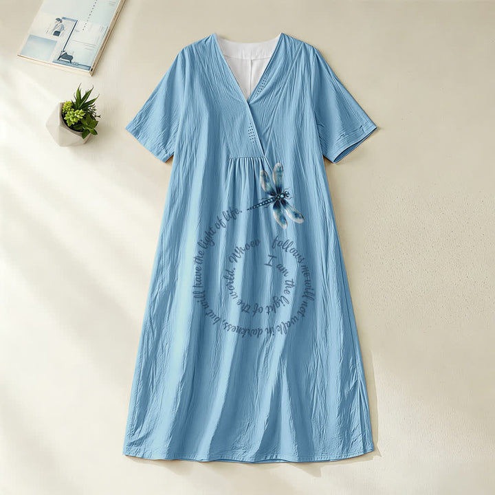 Christianartworkshop Relaxed Fit Dragonfly & Inspirational Verse V-Neck Short Sleeve Midi Dress - Blue - 4XL - image 0