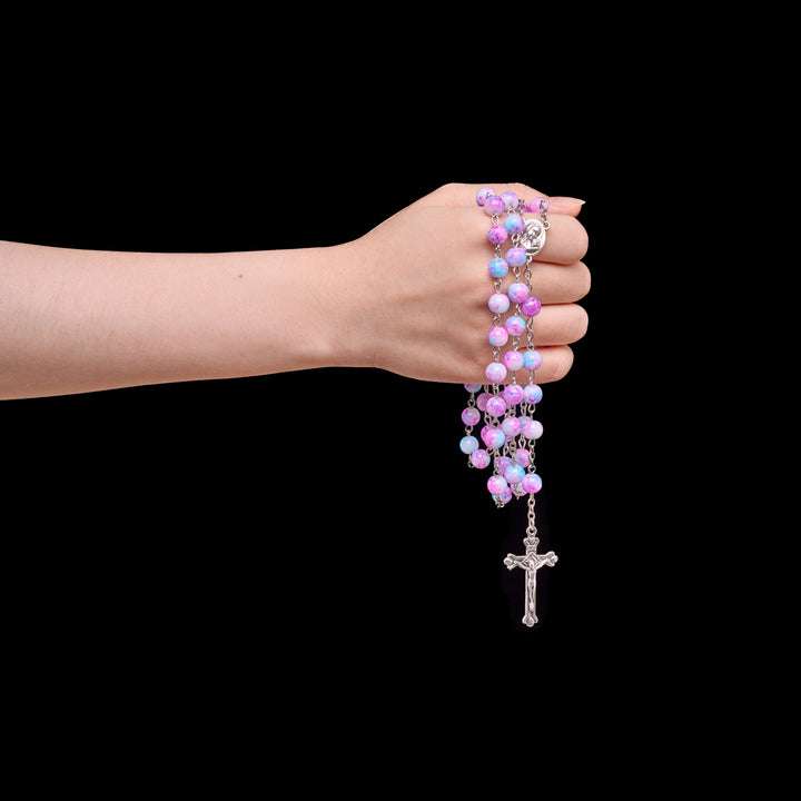 Christianartworkshop Marbled Pink & Blue Glass Bead Rosary with Madonna and Child Medal & Crucifix - image 1