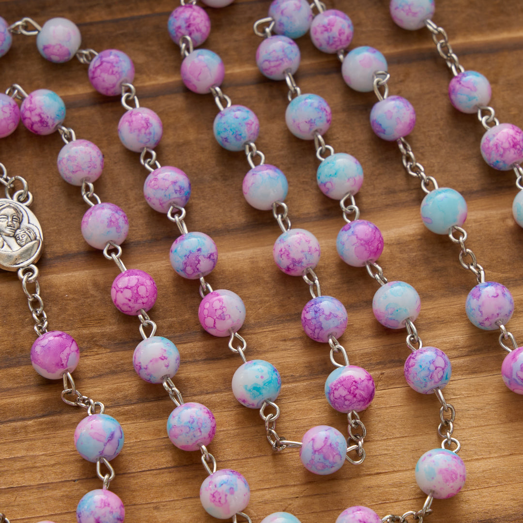 Christianartworkshop Marbled Pink & Blue Glass Bead Rosary with Madonna and Child Medal & Crucifix - image 5
