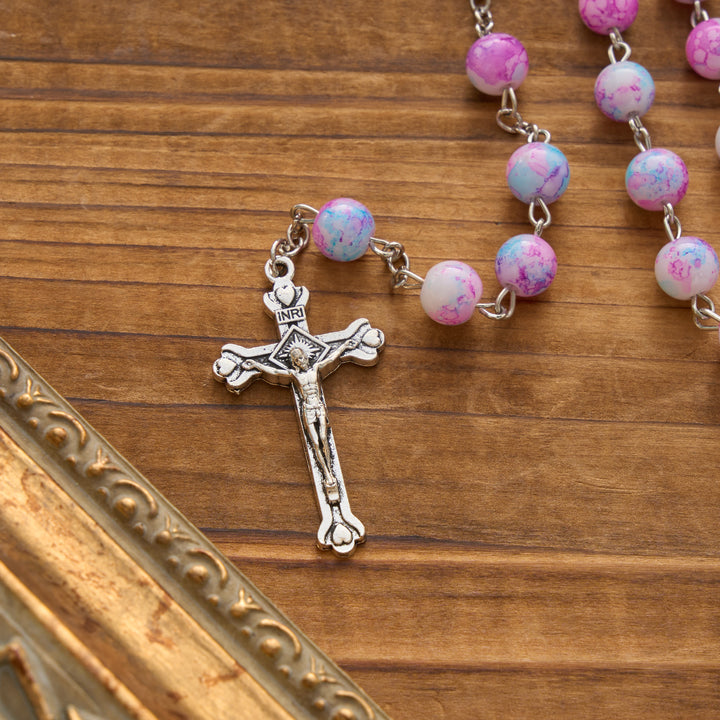 Christianartworkshop Marbled Pink & Blue Glass Bead Rosary with Madonna and Child Medal & Crucifix - image 7