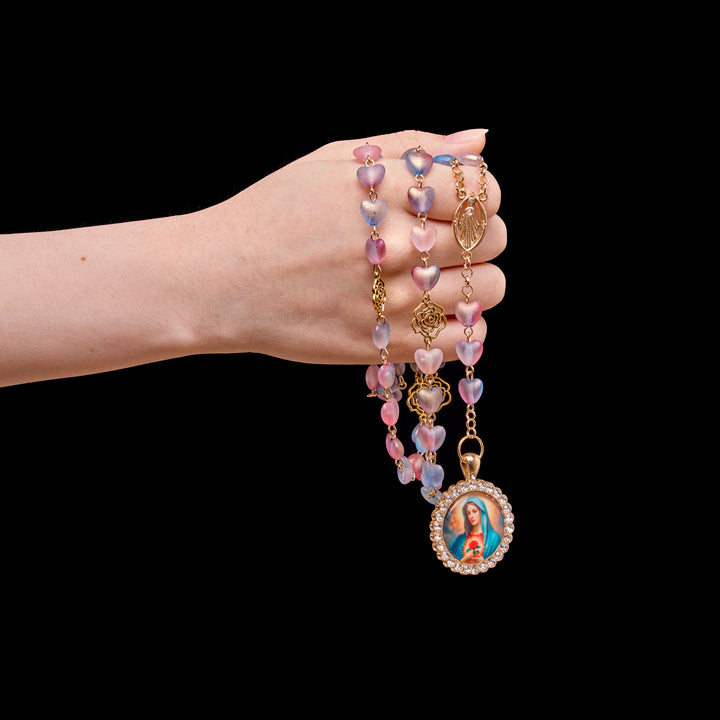 Christianartworkshop Gradient Frosted Heart Glass Bead Seven Sorrows Rosary with Our Lady Portrait Pendant - image 2