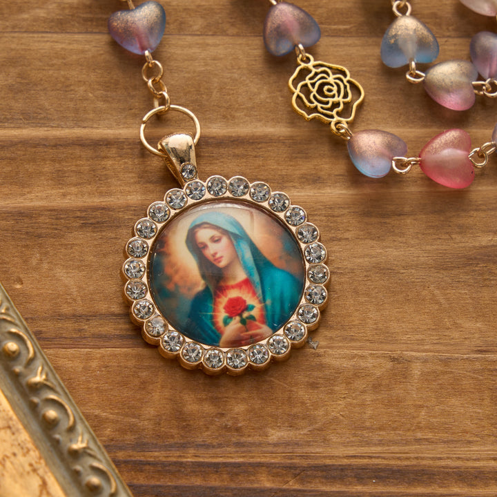 Christianartworkshop Gradient Frosted Heart Glass Bead Seven Sorrows Rosary with Our Lady Portrait Pendant - image 5