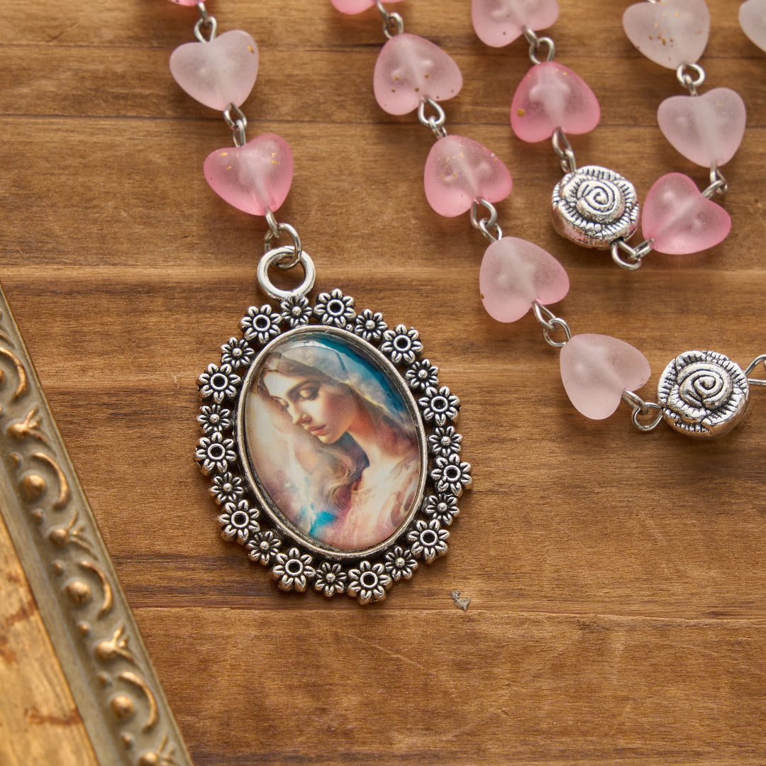 Christianartworkshop Gradient Frosted Heart Glass Bead Seven Sorrows Rosary with Our Lady Portrait Pendant - image 15