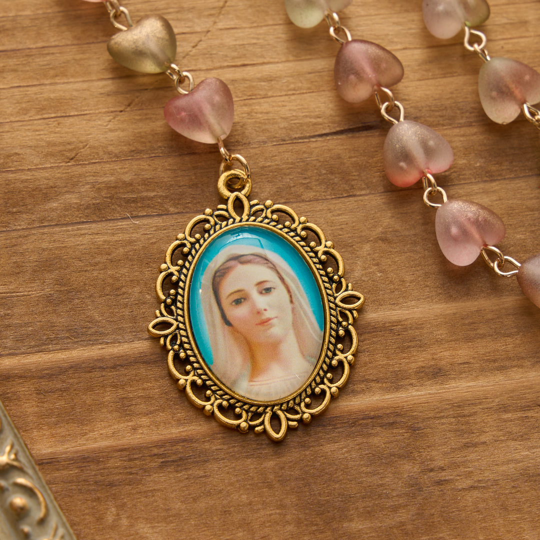 Christianartworkshop Gradient Frosted Heart Glass Bead Seven Sorrows Rosary with Our Lady Portrait Pendant - image 20