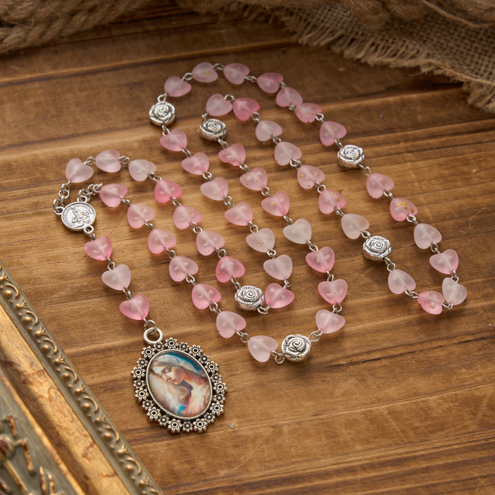 Christianartworkshop Gradient Frosted Heart Glass Bead Seven Sorrows Rosary with Our Lady Portrait Pendant - Pink - image 11