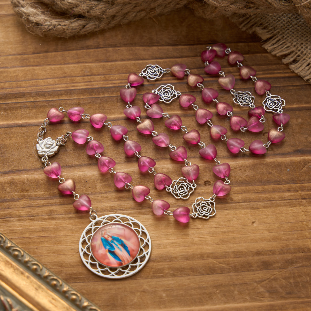Christianartworkshop Gradient Frosted Heart Glass Bead Seven Sorrows Rosary with Our Lady Portrait Pendant - Purple - image 6