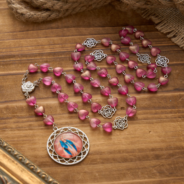 Christianartworkshop Gradient Frosted Heart Glass Bead Seven Sorrows Rosary with Our Lady Portrait Pendant - Purple - image 6