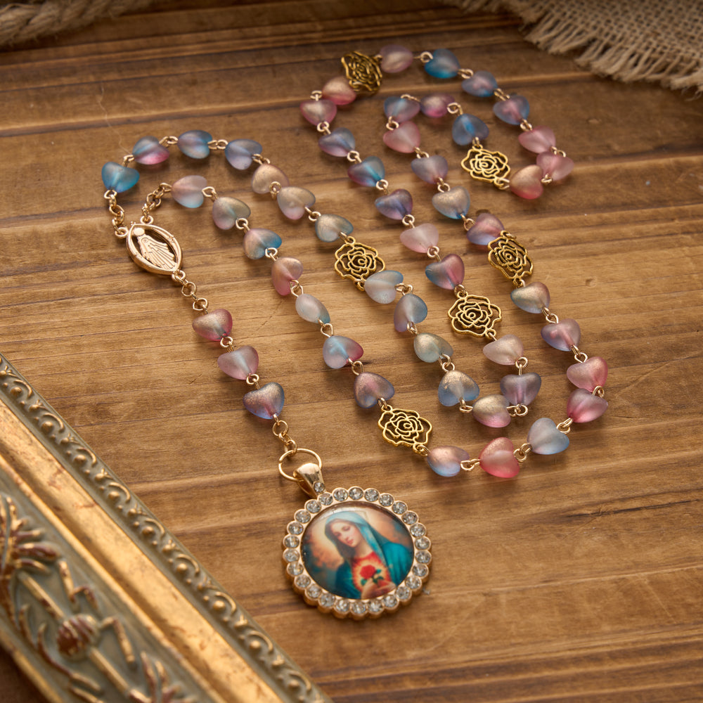 Christianartworkshop Gradient Frosted Heart Glass Bead Seven Sorrows Rosary with Our Lady Portrait Pendant - Blue - image 1