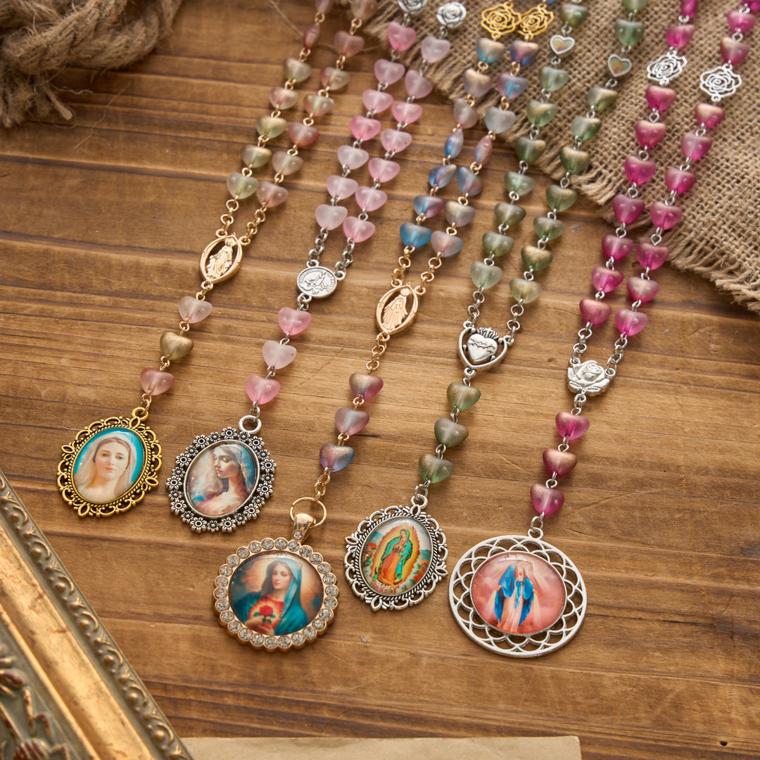 Christianartworkshop Gradient Frosted Heart Glass Bead Seven Sorrows Rosary with Our Lady Portrait Pendant - image 0