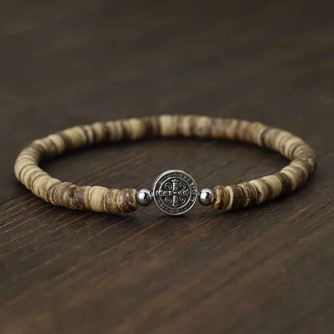 Christianartworkshop Stretch Natural Stone Bead Bracelet with Embossed St. Benedict Medal Spacers: A Symbol of Divine Protection - Wood - image 9