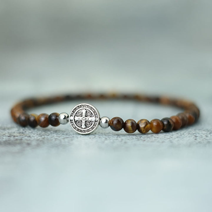 Christianartworkshop Stretch Natural Stone Bead Bracelet with Embossed St. Benedict Medal Spacers: A Symbol of Divine Protection - Tiger's Eye Stone - image 5