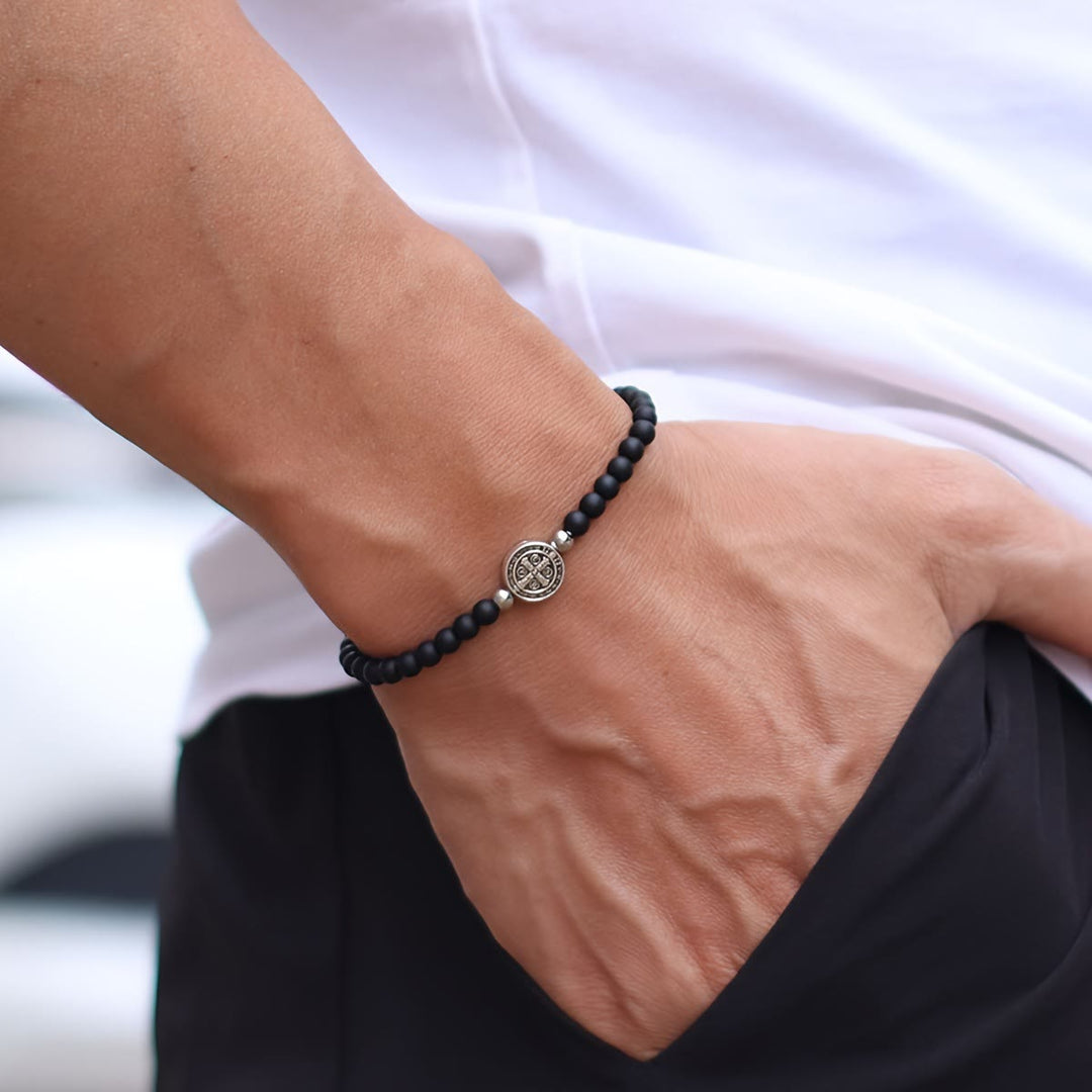 Christianartworkshop Stretch Natural Stone Bead Bracelet with Embossed St. Benedict Medal Spacers: A Symbol of Divine Protection - image 4