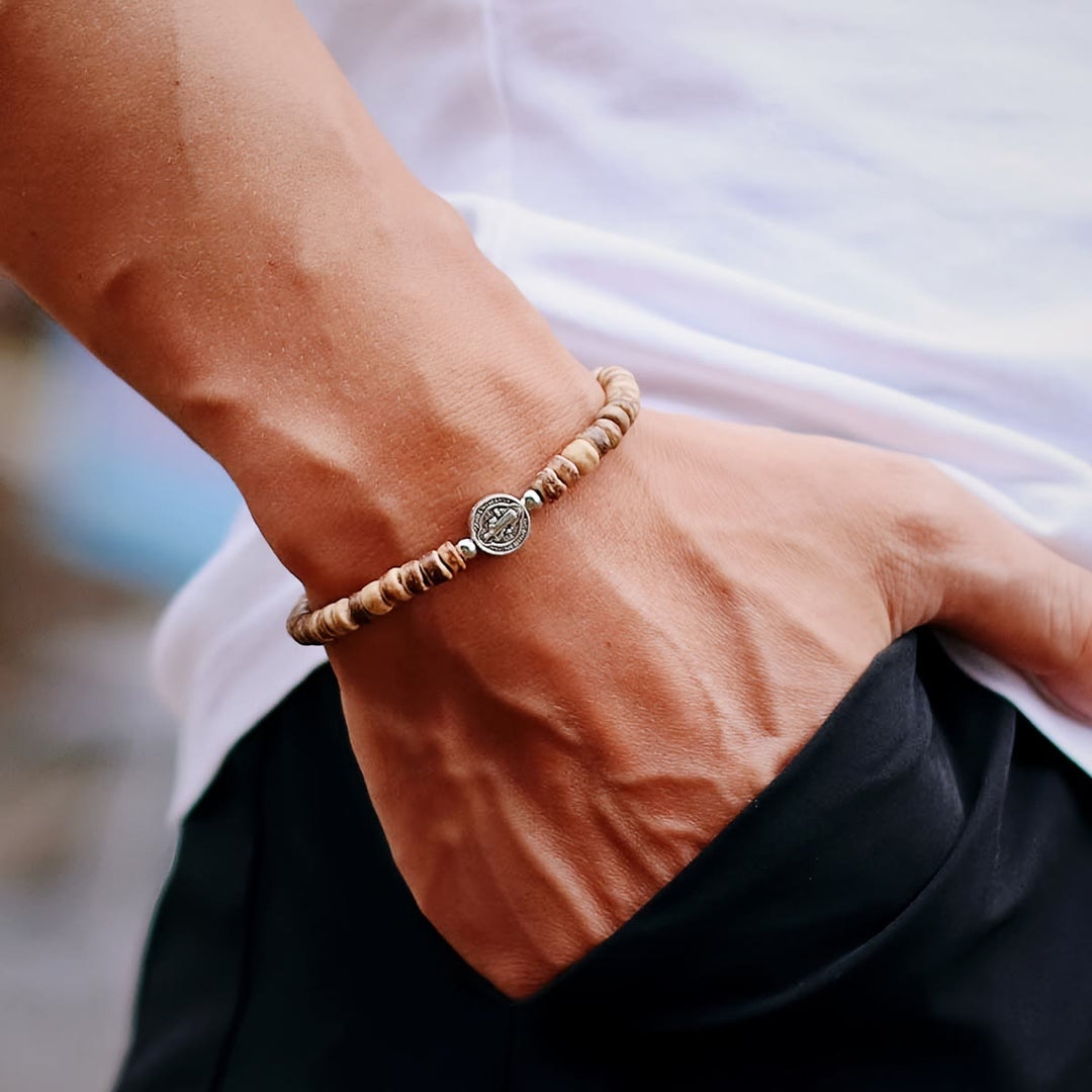 Christianartworkshop Stretch Natural Stone Bead Bracelet with Embossed St. Benedict Medal Spacers: A Symbol of Divine Protection - image 10