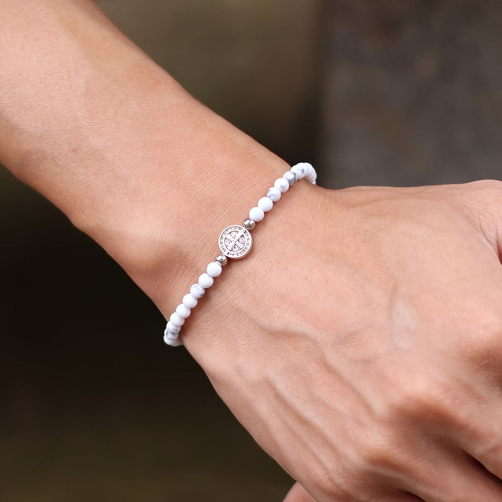 Christianartworkshop Stretch Natural Stone Bead Bracelet with Embossed St. Benedict Medal Spacers: A Symbol of Divine Protection - image 1