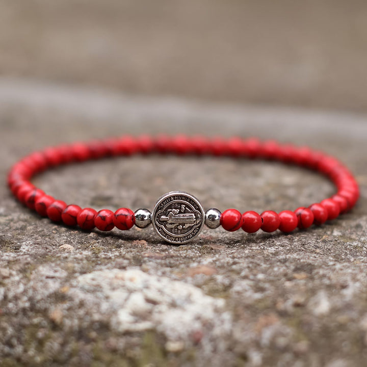 Christianartworkshop Stretch Natural Stone Bead Bracelet with Embossed St. Benedict Medal Spacers: A Symbol of Divine Protection - Red Turquoise - image 8