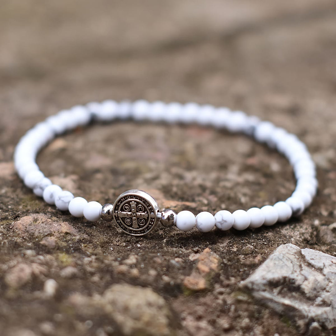Christianartworkshop Stretch Natural Stone Bead Bracelet with Embossed St. Benedict Medal Spacers: A Symbol of Divine Protection - White Turquoise - image 0