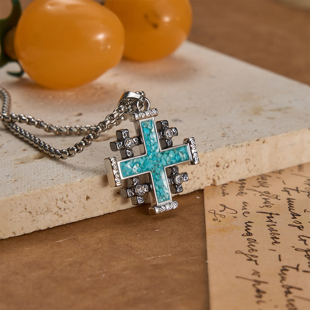Christianartworkshop Crushed Turquoise Inlaid Jerusalem Cross Pendant Box Chain Necklace: A Symbol of Complete Faith - image 3