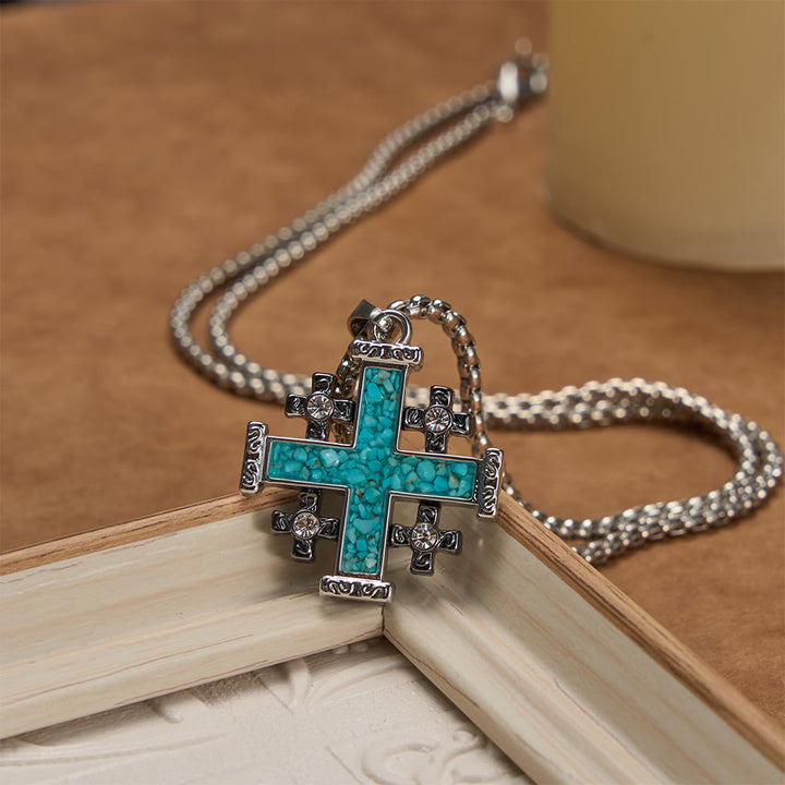 Christianartworkshop Crushed Turquoise Inlaid Jerusalem Cross Pendant Box Chain Necklace: A Symbol of Complete Faith - image 2